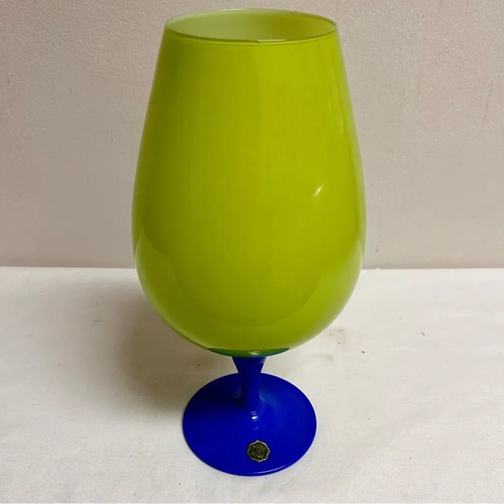 Vintage Chartreuse Green and Periwinkle Blue Italian Empoli Snifter Vase